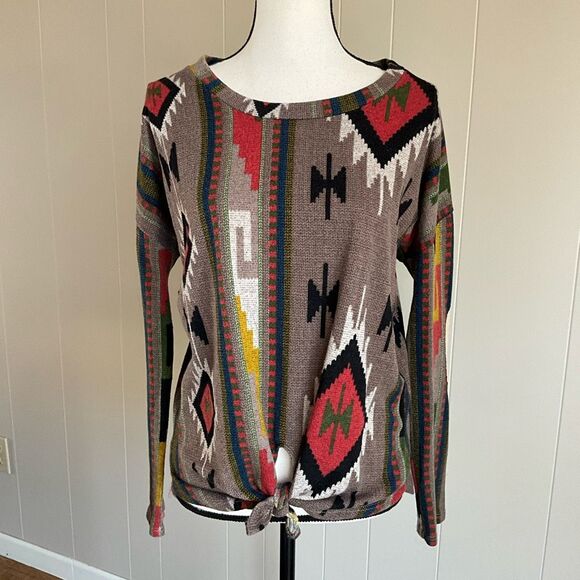 Wanna B Womens Aztec Tie Front Multicolor Long Sleeve Sweater Size Large - Picture 2 of 13